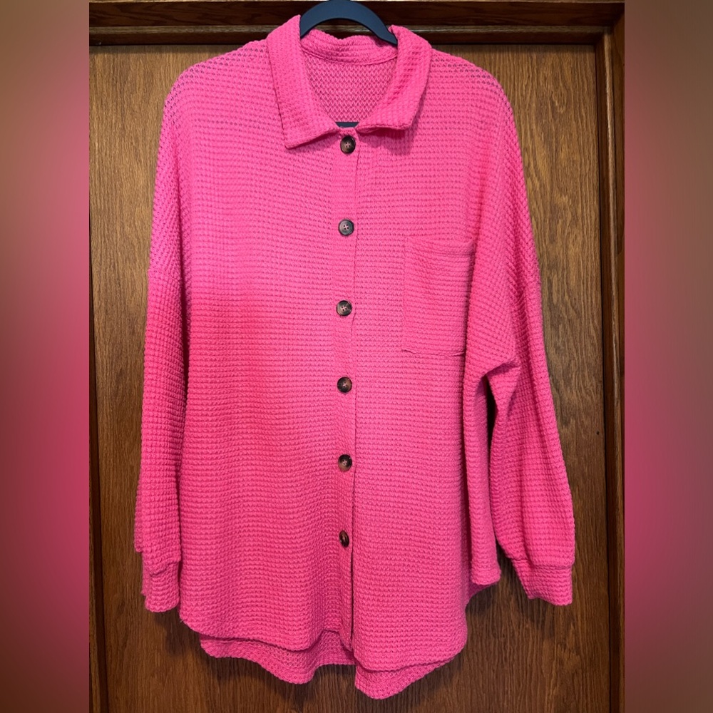 Womens Waffle Knit Shacket Jacket Long Sleeve Button Down Shirt XL
